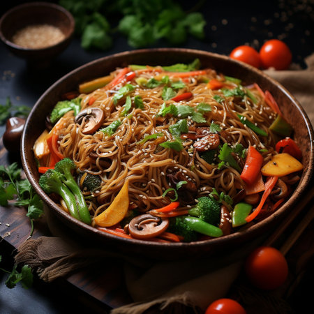 Noodles with vegetables and mushrooms in a bowl on a dark backgroundの素材