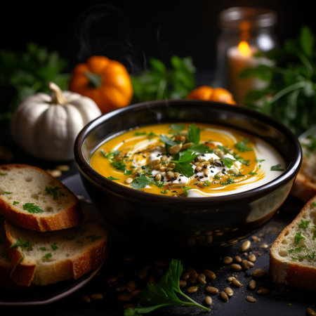 Pumpkin soup with cream and seeds. Selective focus.の素材
