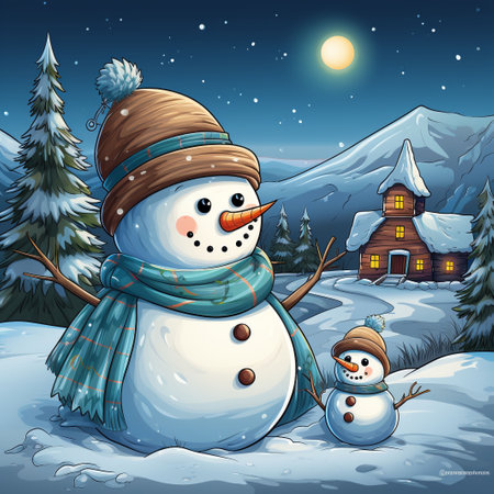 Snowman and house in the mountains at night illustration. Cartoon styleの素材