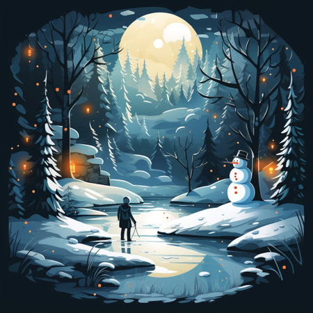 Winter landscape with snowman in forest at night. Vector illustration.の素材