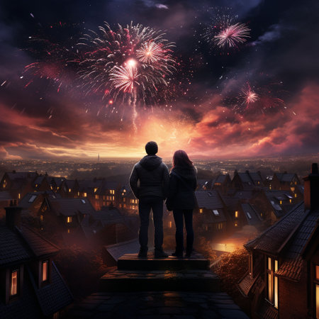 Couple in love looking at fireworks in the night sky above the cityの素材