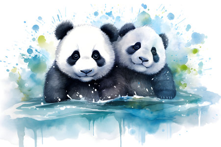 Two cute panda bears on watercolor background. Watercolor illustrationの素材