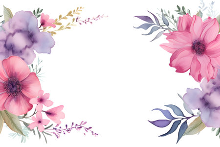 Watercolor vector floral frame with pink anemone flowers and green leaves.の素材