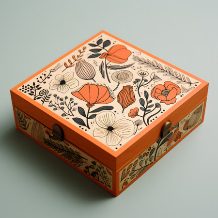 Vintage wooden box with floral pattern. 3d render illustration.の素材