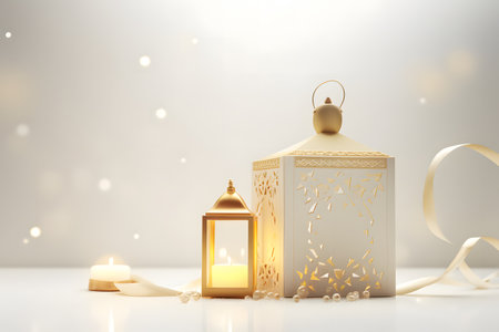 Ramadan Kareem greeting card. Golden lantern, candle and silk ribbons on white background.の素材