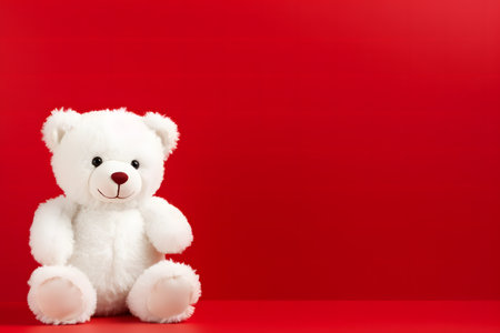 White teddy bear sitting on red background with copy space for textの素材