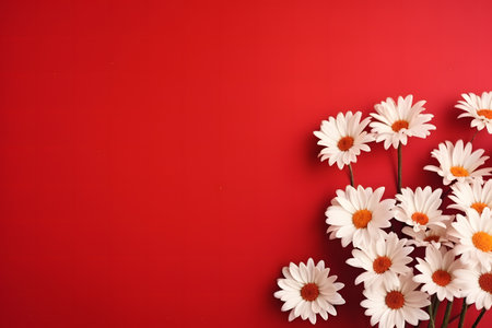 Beautiful chamomile flowers on red background, top viewの素材
