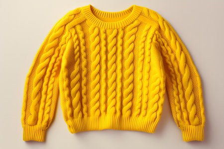 Yellow knitted sweater on a white background. Flat lay, top viewの素材