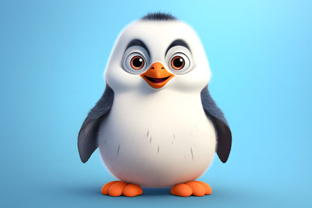 Cartoon penguin with funny expression on blue background - 3D illustrationの素材