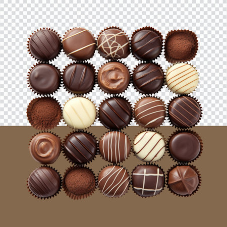 Set of chocolate candies isolated on transparent background. Top view.の素材