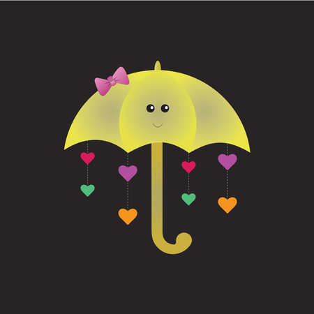 Cute cartoon umbrella with hearts on a black background. Vector illustration.のイラスト素材