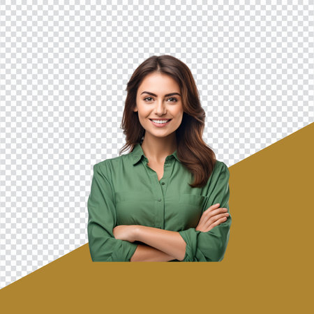 Portrait of happy smiling young businesswoman with crossed arms, isolated on transparent backgroundの素材