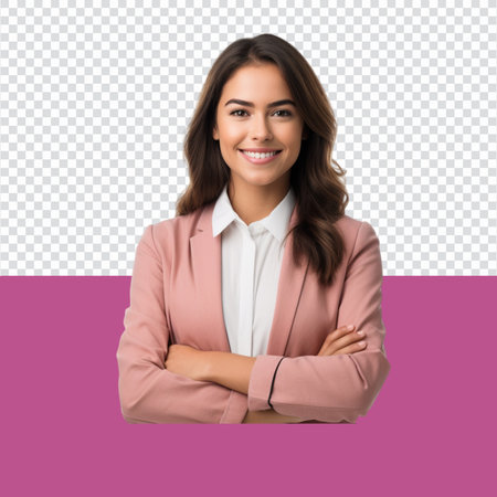 Smiling businesswoman with crossed arms looking at camera, isolated on transparent backgroundの素材