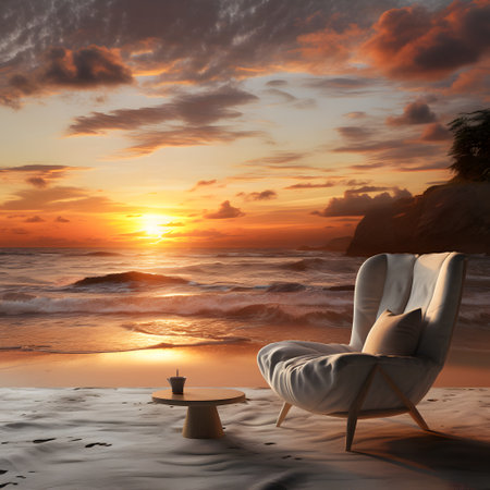 Comfortable armchair on the beach at sunset, 3d renderの素材