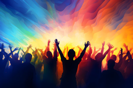 Silhouettes of people dancing at a music festival. Colorful background.の素材