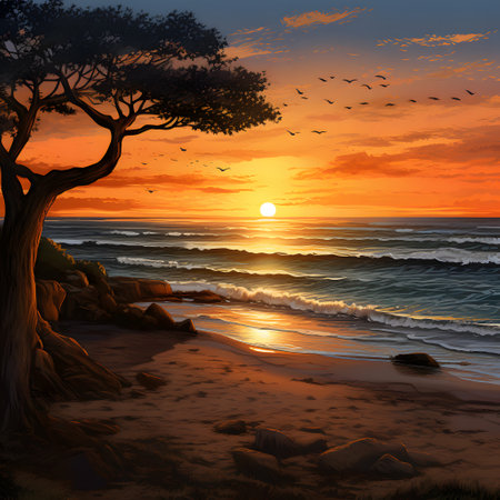 Beautiful seascape with a tree at sunset. 3d renderingの素材
