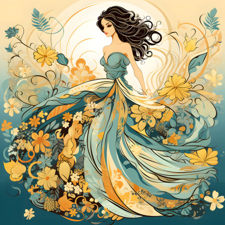 Beautiful girl in a long dress on a background of flowers.の素材