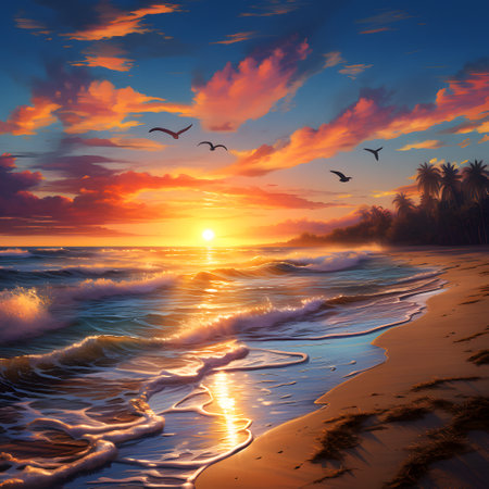 Beautiful sunset on the beach with seagulls flying in the skyの素材