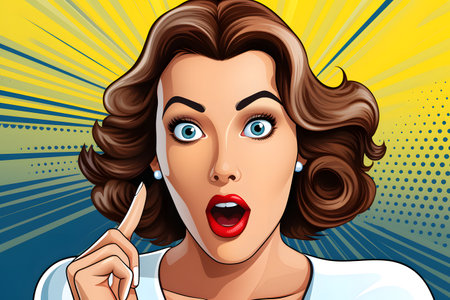 Surprised woman in pop art comic style. Vector illustration.の素材