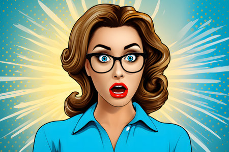 Surprised woman in blue shirt and glasses. Vector illustration.の素材