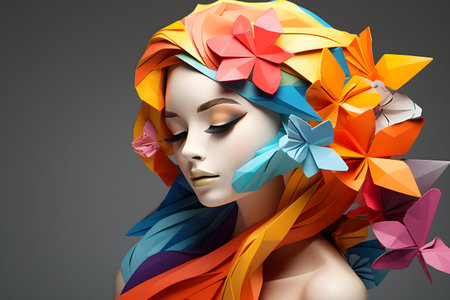 3d illustration of a beautiful girl with colorful origami paper flowersの素材