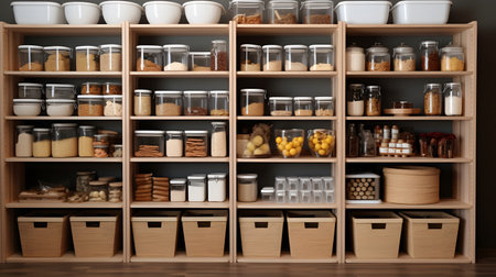 Wooden shelves with different food products in pantry, closeupの素材