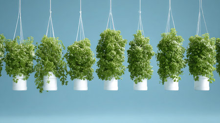 Hanging planter system with vertical rows of vegetables growing upwardの素材
