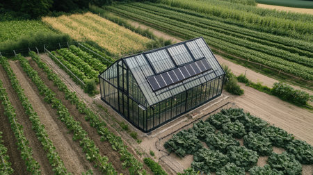 A greenhouse with solar panels integrated into the glass roof, surrounded by rows of crops in an adjacent field.の素材