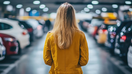 A parking garage with visible exhaust vents and high industrial ceilingsの素材