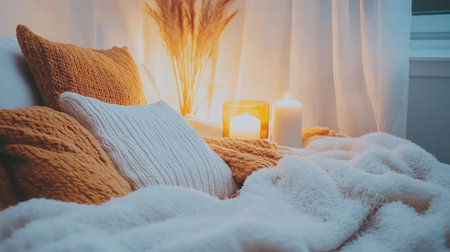 A warm and inviting bedroom scene featuring soft textiles, cozy pillows, flickering candles, and tranquil lighting creating a serene atmosphere.の素材