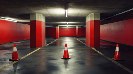 A parking garage with safety cones placed at an under-construction areaの素材