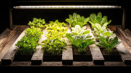Overhead shot of grow light system illuminating young vegetable starts indoorsの素材