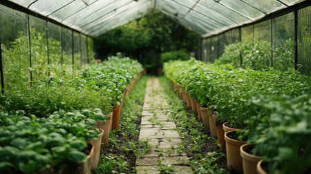 Interior of a greenhouse featuring a stone pathway leading through rows of potted herbs and vegetables.の素材