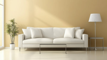 A stylish white sofa sits elegantly in a bright minimalist room, enhanced by natural light and decorative elements, creating a cozy atmosphere for relaxation.の素材