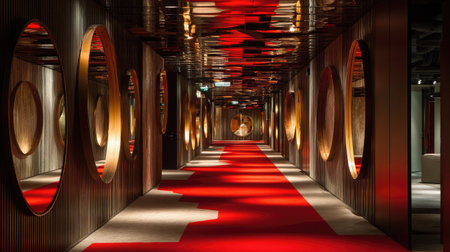 Accent-lit corridor with modern mirror ceiling and plush red carpet for cinematic moodの素材