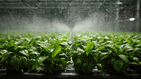 Automated misting system spraying fine droplets over leafy vegetable plantsの素材