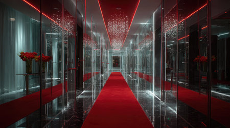 Ambient corridor design with floating ceiling lights mirrored in polished panels above a red carpetの素材