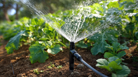 Automatic watering system with adjustable nozzles installed in a vegetable patchの素材