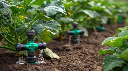 Automatic watering system with adjustable nozzles installed in a vegetable patchの素材