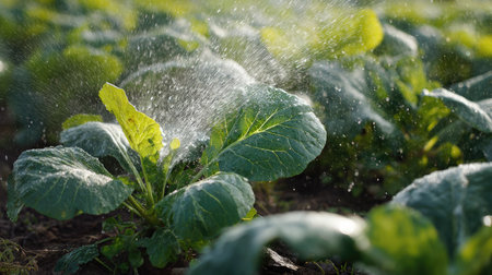 Automated misting system spraying fine droplets over leafy vegetable plantsの素材