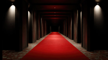Atmospheric hallway with moody red carpet and strategic lighting reflected aboveの素材