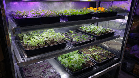 Compact vertical grow unit with tiered containers full of vegetable seedlingsの素材