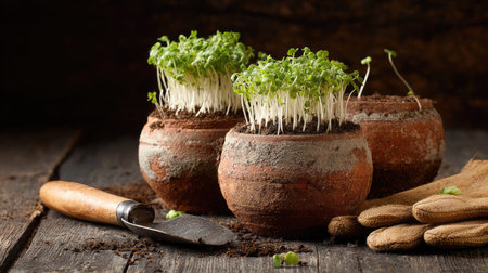 Clay pots with sprouting vegetable plants and garden gloves besideの素材