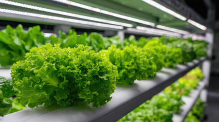 Close-up of hydroponic grow system with leafy vegetables in nutrient solutionの素材