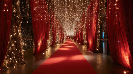 Deep corridor with soft light fading over a long red carpet and glistening ceiling accentsの素材