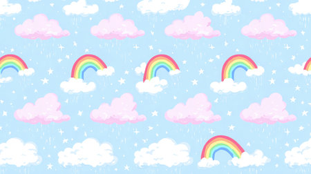 Cute seamless vector pattern with cartoon clouds, rainbows, and starsの素材