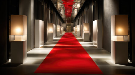 Corridor framed with minimalist light fixtures, red carpet below, mirror ceiling glowing faintly aboveの素材