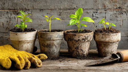 Clay pots with sprouting vegetable plants and garden gloves besideの素材