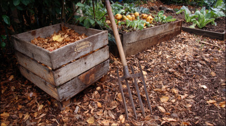 Compost bin and turning fork beside mulch-covered vegetable bedの素材