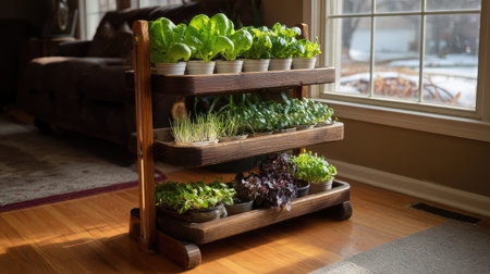 Compact vertical grow unit with tiered containers full of vegetable seedlingsの素材